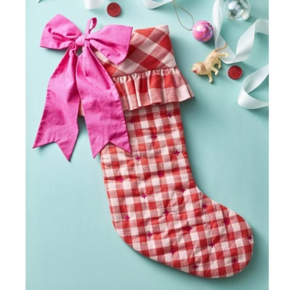 Anthropologie Gingham Bow Stocking NEW Red Pink Christmas Holiday Cottagecore